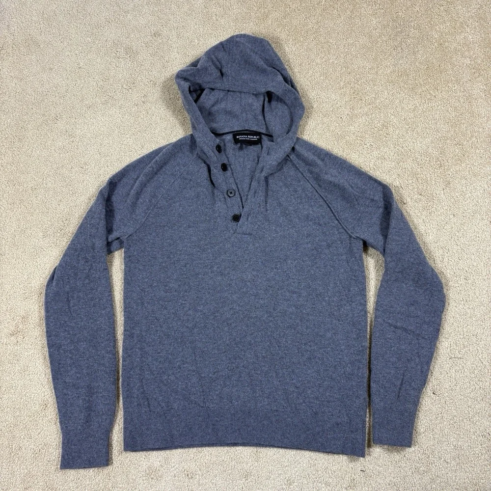 Banana Republic Sweater Mens S Gray Henley Hooded Cashmere Wool Knit Pullover